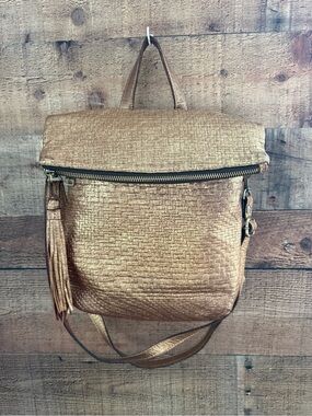 Patricia Nash Luzille Metallic Gold Convertible Textured Leather Backpack Bag